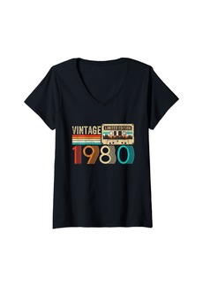 Womens Vintage Born In 1980 Cassette Tape 44th Birthday 44 Year Old V-Neck T-Shirt
