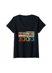 Womens Vintage Born In 2000 Cassette Tape 24th Birthday 24 Year Old V-Neck T-Shirt