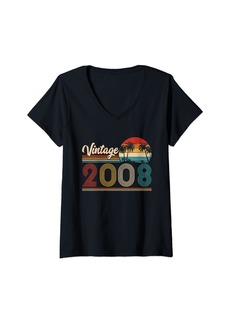 Womens Vintage Born In 2008 16 Years Old Gifts 16th Birthday Retro V-Neck T-Shirt