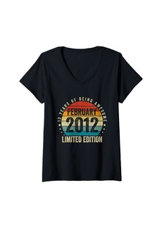 Womens Vintage Born In February 2012 13th Birthday Gift 13 Year Old V-Neck T-Shirt