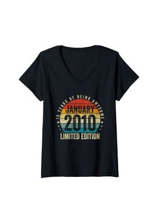 Womens Vintage Born In January 2010 15th Birthday Gifts 15 Year Old V-Neck T-Shirt