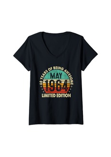 Womens Vintage Born In May 1964 60th Birthday Gifts 60 Years Old V-Neck T-Shirt