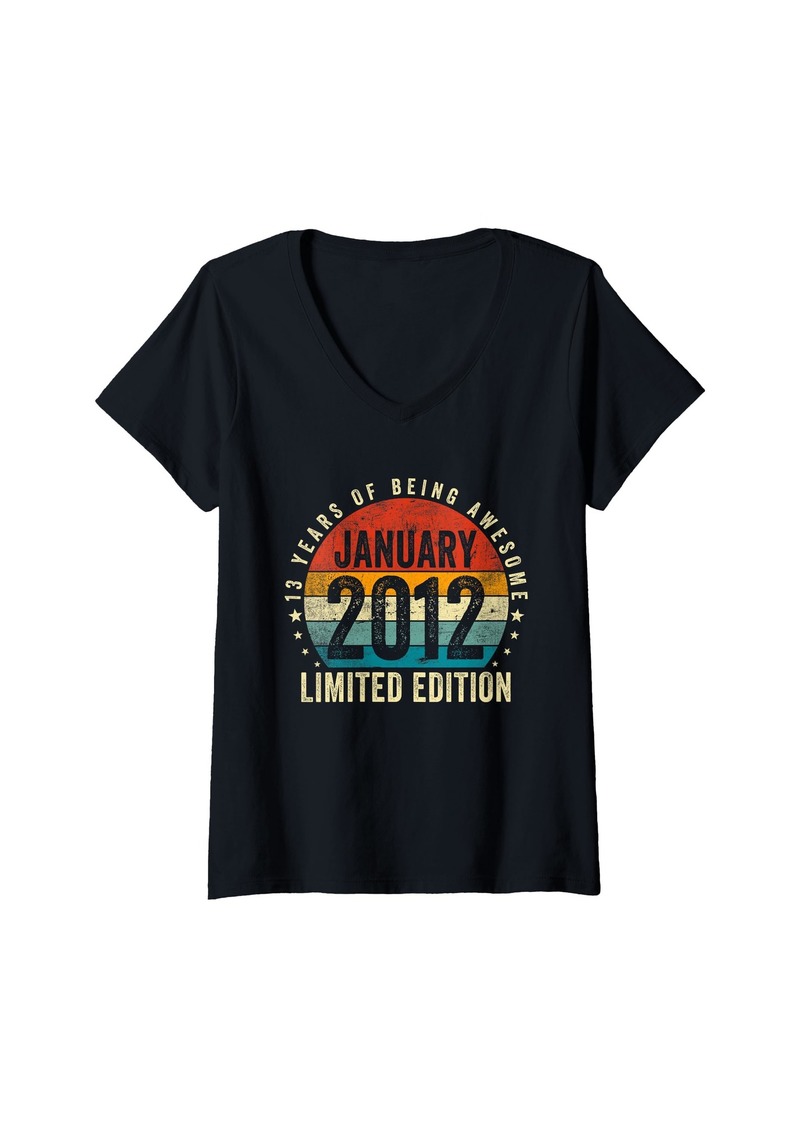 Born Womens Vintage January 2012 Funny 13 Years Old Gifts 13th Birthday V-Neck T-Shirt