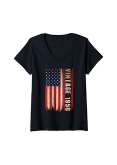 Born Womens Vintage Made In 1950 American Flag 74th Birthday 74 Year Old V-Neck T-Shirt