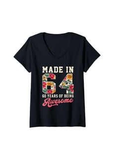 Born Womens Vintage Made In 1964 60th Birthday Floral 60 Years Old Women V-Neck T-Shirt