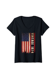 Born Womens Vintage Made In 1974 American Flag 50th Birthday 50 Year Old V-Neck T-Shirt