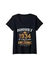 Born Womens Vintage Made In August 1934 90th Birthday Men 90 Year Old V-Neck T-Shirt