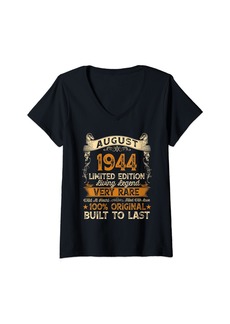 Born Womens Vintage Made In August 1944 80th Birthday Men 80 Year Old V-Neck T-Shirt