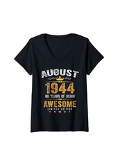 Born Womens Vintage Made In August 1944 80th Birthday Men 80 Year Old V-Neck T-Shirt