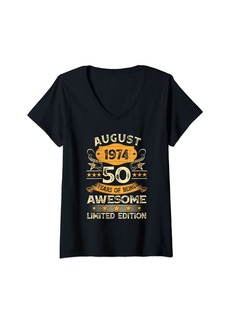 Born Womens Vintage Made In August 1974 50th Birthday Men 50 Year Old V-Neck T-Shirt