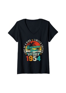 Born Womens Vintage October 1954 70th Birthday Retro Gift 70 Years Old V-Neck T-Shirt