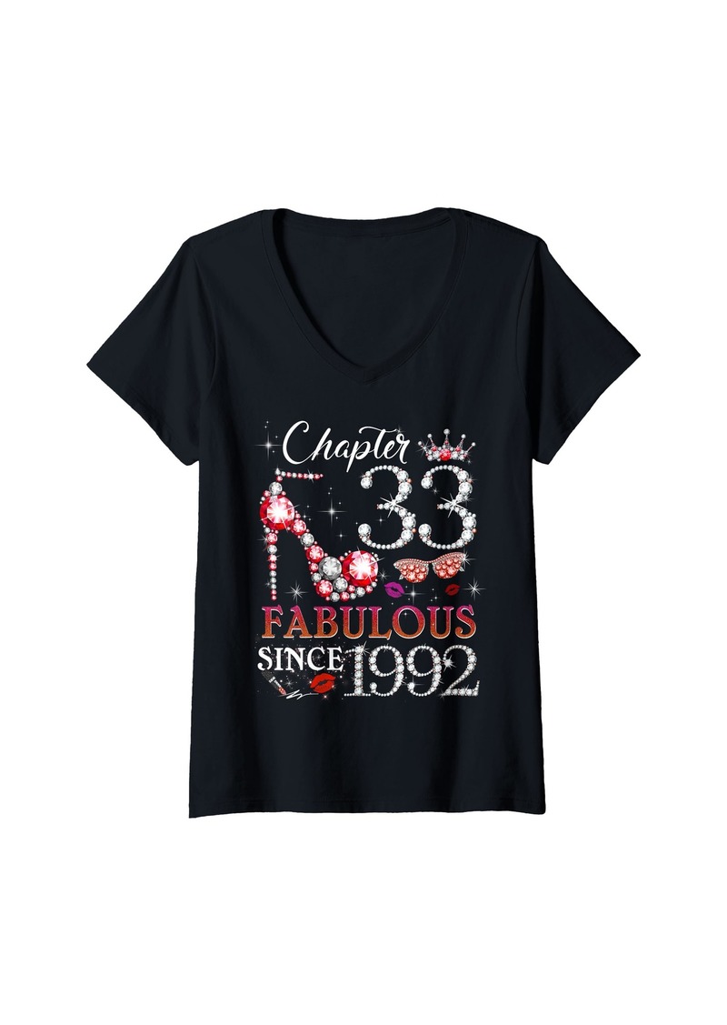 Born Womens Womens Chapter 33 Fabulous Since 1992 33rd Birthday Queen V-Neck T-Shirt