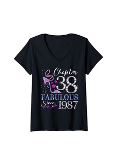 Born Womens Womens Chapter 38 EST 1987 38 Years Old 38th Birthday Queen V-Neck T-Shirt