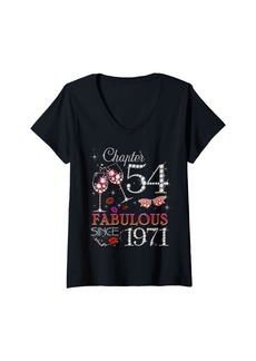 Born Womens Womens Chapter 54 Fabulous Since 1971 54th Birthday Queen V-Neck T-Shirt