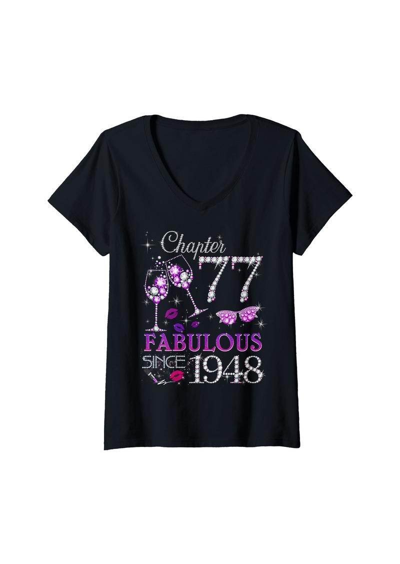 Born Womens Womens Chapter 77 Fabulous Since 1948 77th Birthday Queen V-Neck T-Shirt