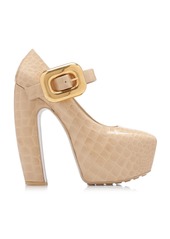 Bottega Veneta - Croc-Embossed Leather Mary-Jane Platform Pumps - Nude - IT 34.5 - Moda Operandi