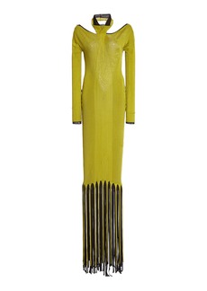 Bottega Veneta - Fringe-Trimmed Ribbed-Knit Maxi Halter Dress - Green - S - Moda Operandi
