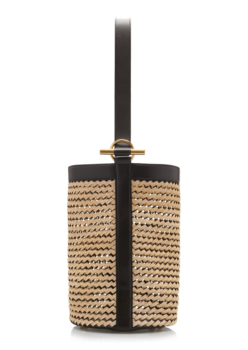 Bottega Veneta - Slanted Raffia and Leather Medium Bucket Bag - Neutral - OS - Moda Operandi