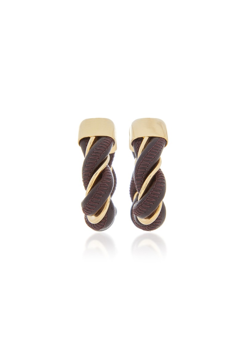 Bottega Veneta - Twist Triangle Leather-Trimmed 18K Gold-Plated Earrings - Brown - OS - Moda Operandi - Gifts For Her