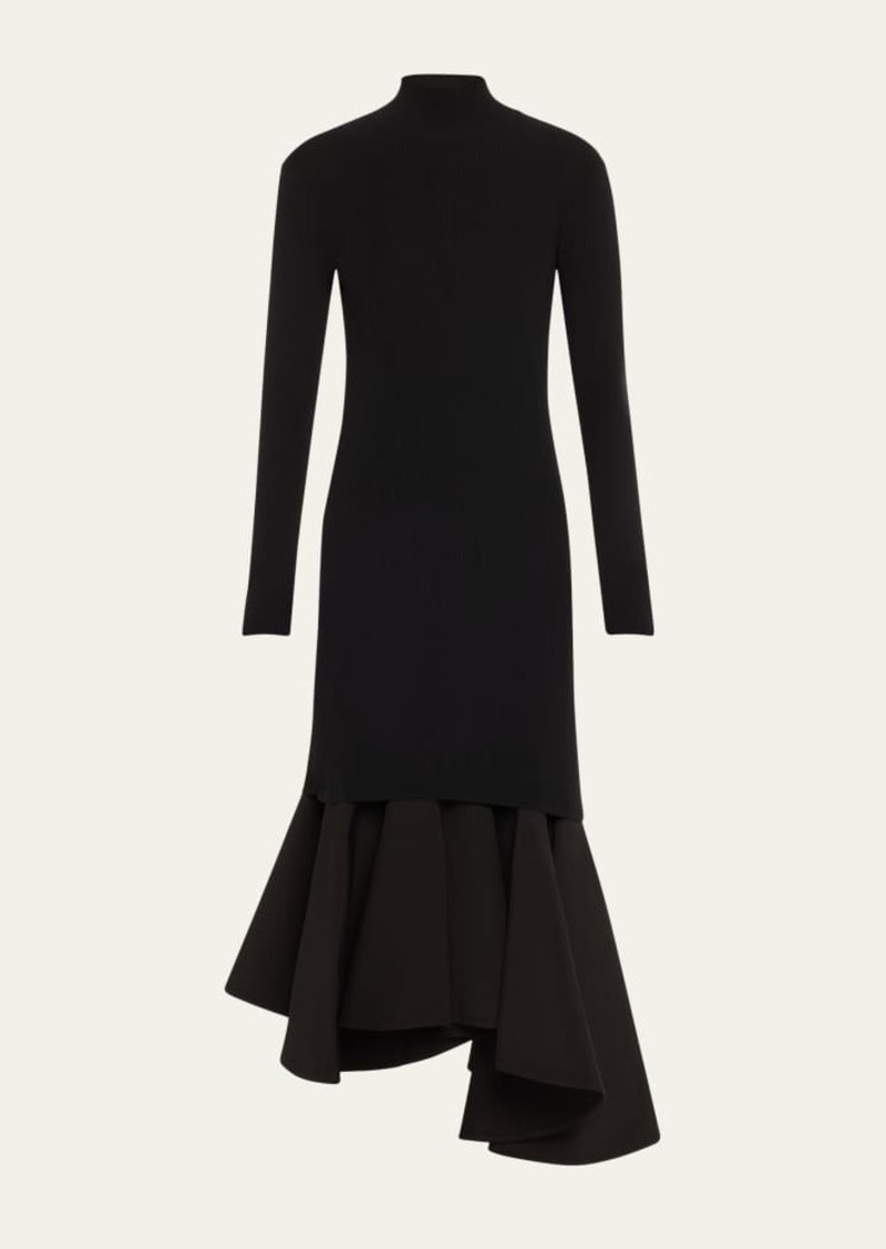 Bottega Veneta Asymmetric Mixed-Media Turtleneck Midi Dress