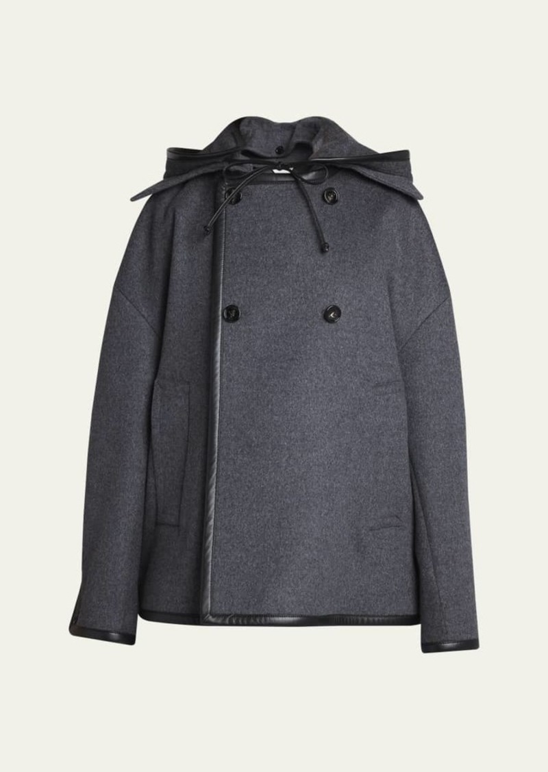 Bottega Veneta Double-Breasted Leather Trim Hooded Wool Coat