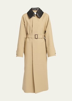 Bottega Veneta Waterproof Cotton Belted Trench Coat with Leather Collar