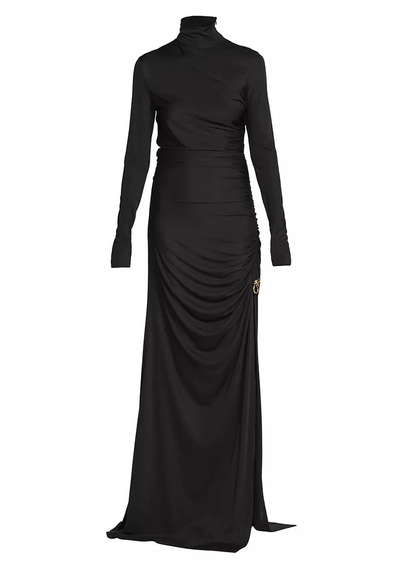 Bottega Veneta Ruched & Knot-Embellished Turtleneck Gown