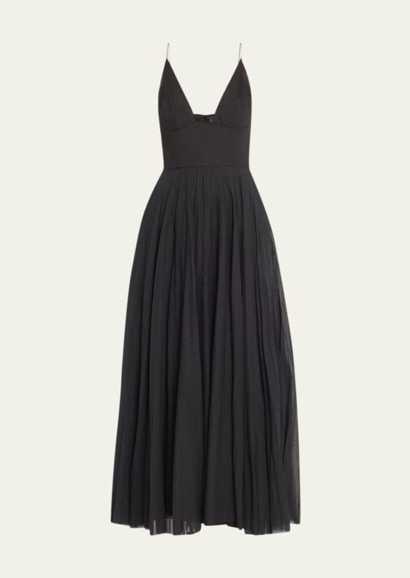 Brandon Maxwell Bralette-Style Maxi Dress with Pleated Skirt