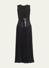 Brandon Maxwell Leather Belt Gown with Pleated Skirt
