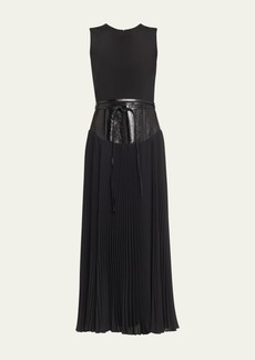 Brandon Maxwell Leather Belt Gown with Pleated Skirt