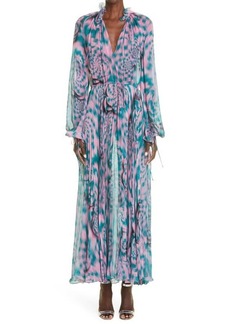 Brandon Maxwell The Ruffle Neck Long Sleeve Silk Dress in Purple And Psychedelic Flor at Nordstrom