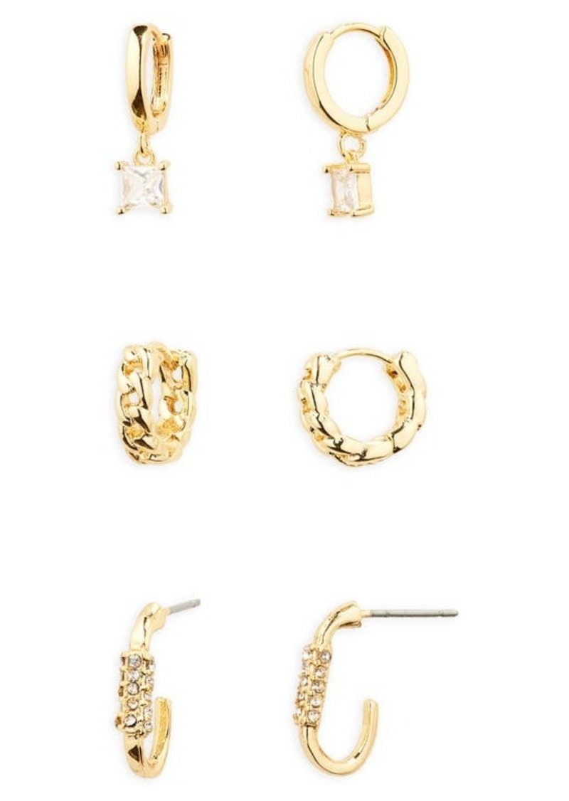 Brass Plum BP. 14K Gold Dipped & Cubic Zirconia 3-Pair Huggie Earrings at Nordstrom