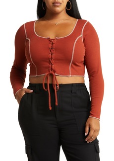 Brass Plum BP. Lace-Up Organic Cotton Blend Top in Rust Henna at Nordstrom Rack