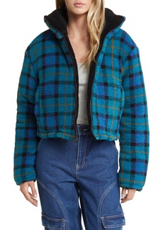 Brass Plum BP. Reversible Crop Faux Shearling Jacket in Green- Blue Plaid at Nordstrom Rack