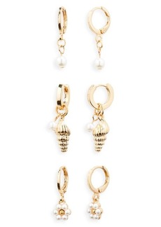 Brass Plum BP. Set of 3 Imitation Pearl Shell Huggie Hoop Earrings