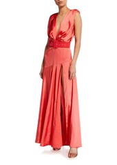 Bronx and Banco Carmen Belted Satin Maxi Gown
