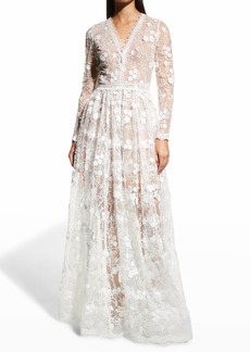 Bronx and Banco Poppy Long-Sleeve Embroidered Mesh Gown
