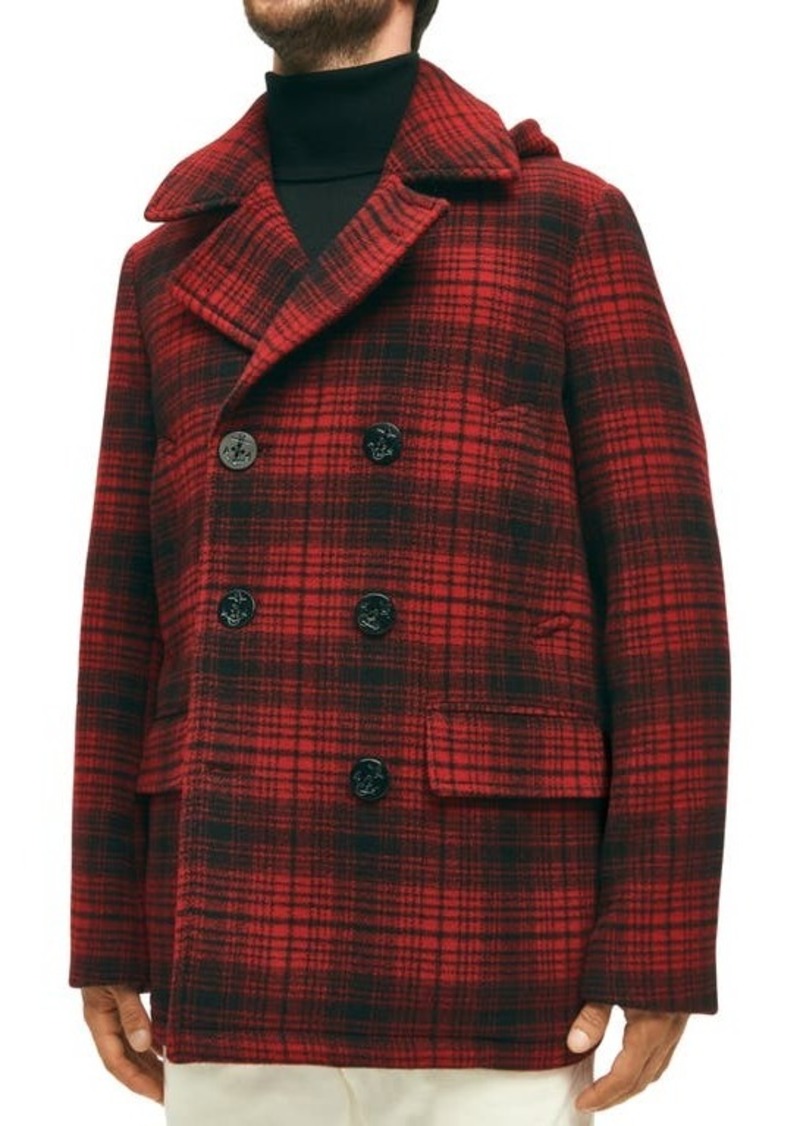 Brooks Brothers Out Buffalo Check Hooded Wool Peacoat