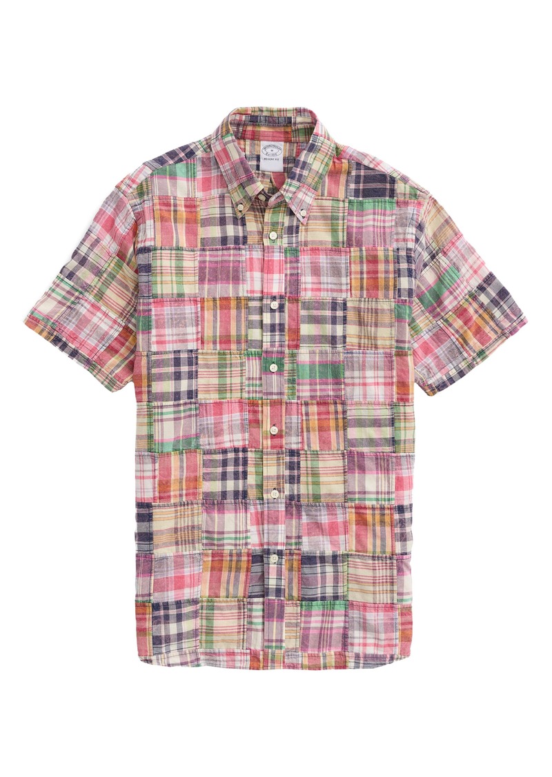 Brooks Brothers Regent Fit Plaid Patchwork Short Sleeve Madras Button-Down Shirt in Fadedpw at Nordstrom Rack