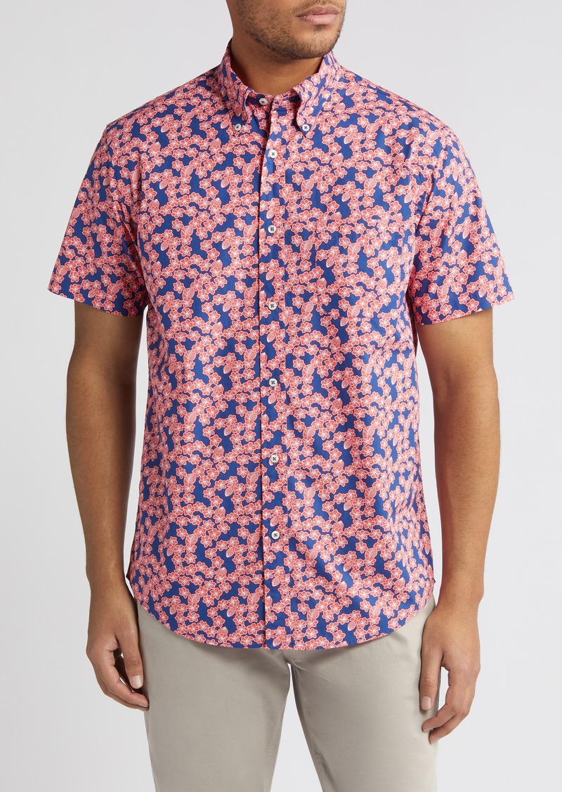 Brooks Brothers Regular Fit Floral Short Sleeve Button-Up Shirt in Navy Red Floral at Nordstrom Rack