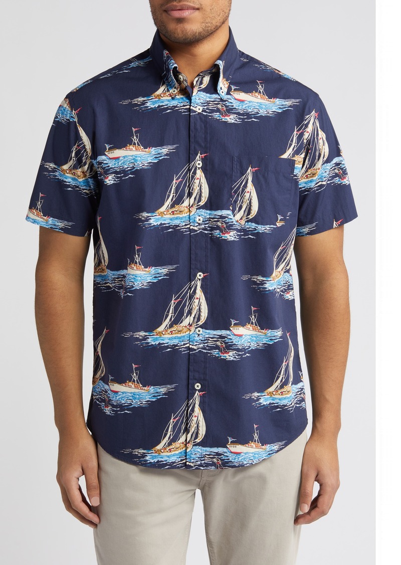 Brooks Brothers Regular Fit Sailboat Print Short Sleeve Button-Up Shirt in Navy at Nordstrom Rack