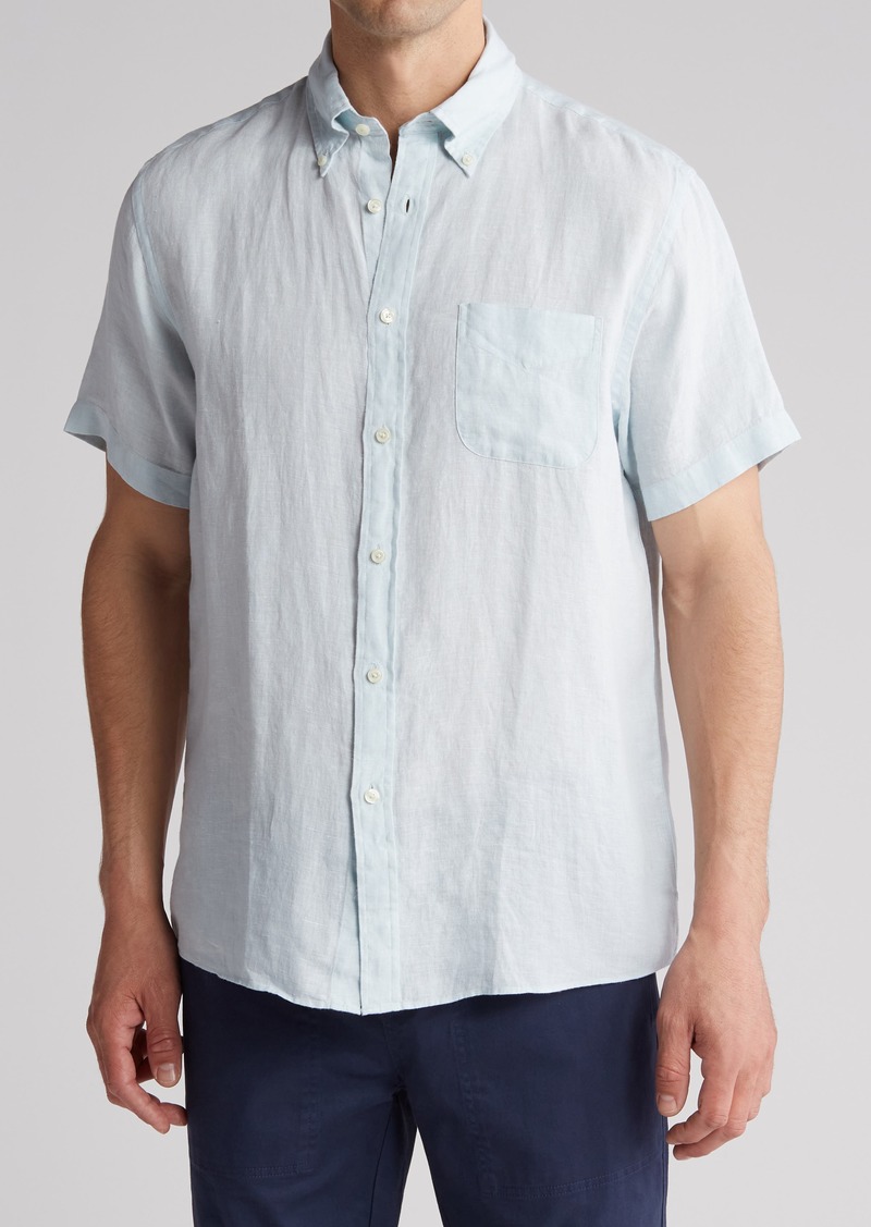 Brooks Brothers Regular Fit Short Sleeve Linen Button-Down Shirt in Bleached Aqua at Nordstrom Rack