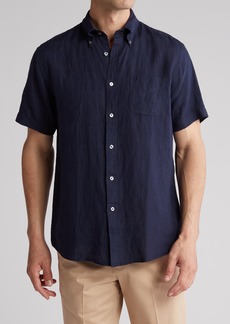 Brooks Brothers Regular Fit Short Sleeve Linen Button-Down Shirt in Navy at Nordstrom Rack