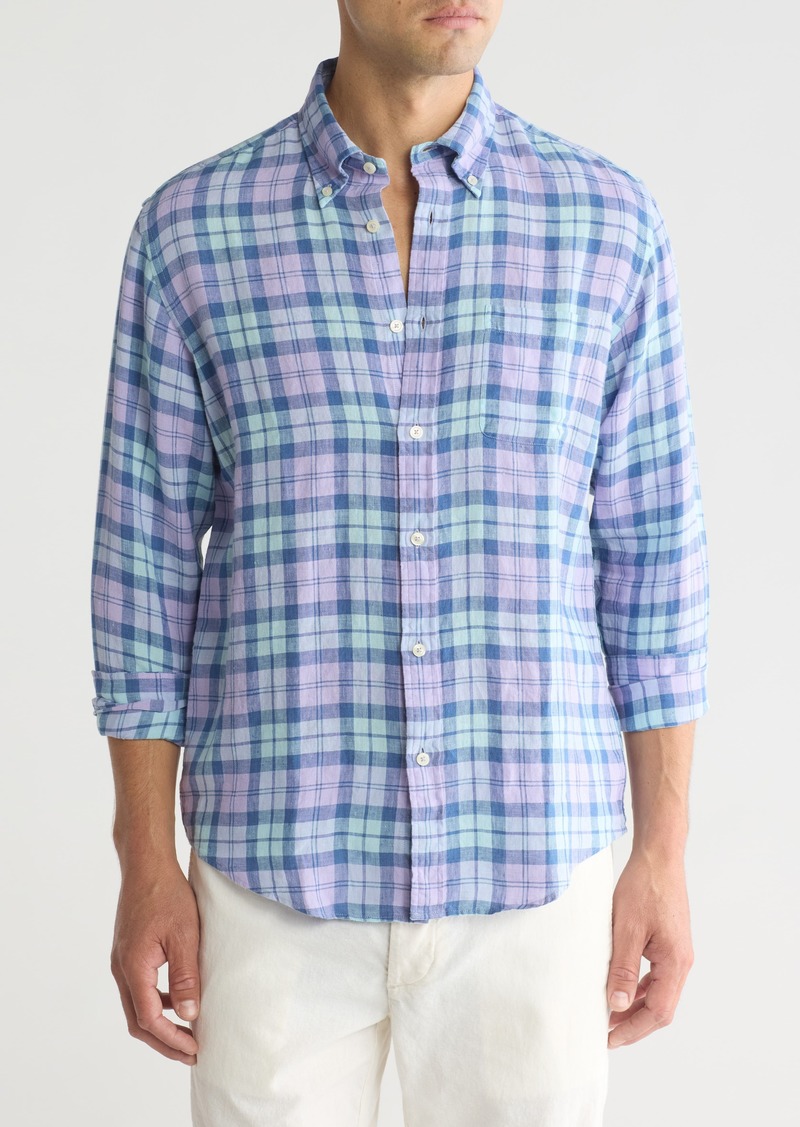 Brooks Brothers Sport Fit Novelty Plaid Linen Button-Down Shirt in Turquoise Lavender at Nordstrom Rack