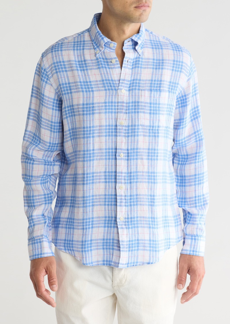 Brooks Brothers Sport Fit Novelty Plaid Linen Button-Down Shirt in Ultra Marine at Nordstrom Rack
