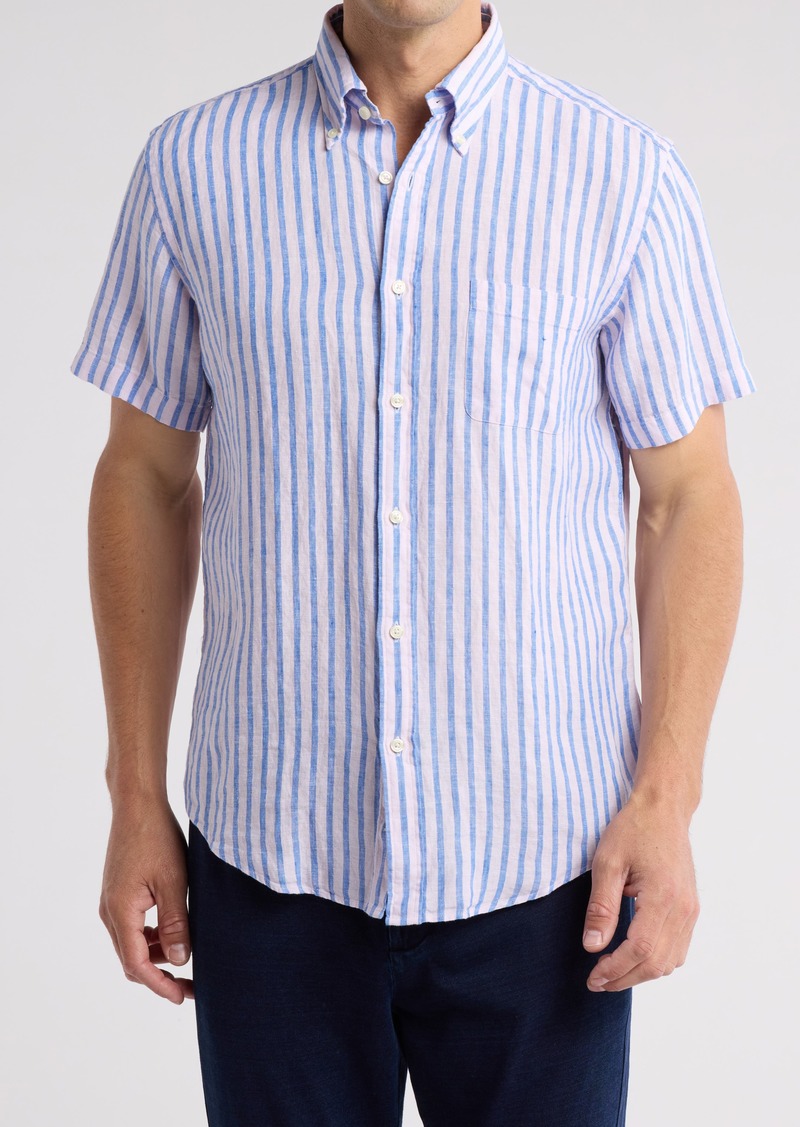 Brooks Brothers Stripe Linen Short Sleeve Button Down Shirt in Pink Blue Stripe at Nordstrom Rack