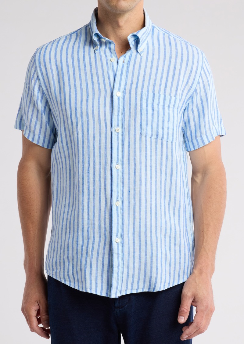 Brooks Brothers Stripe Linen Short Sleeve Button Down Shirt in Turquoise Blue Stripe at Nordstrom Rack