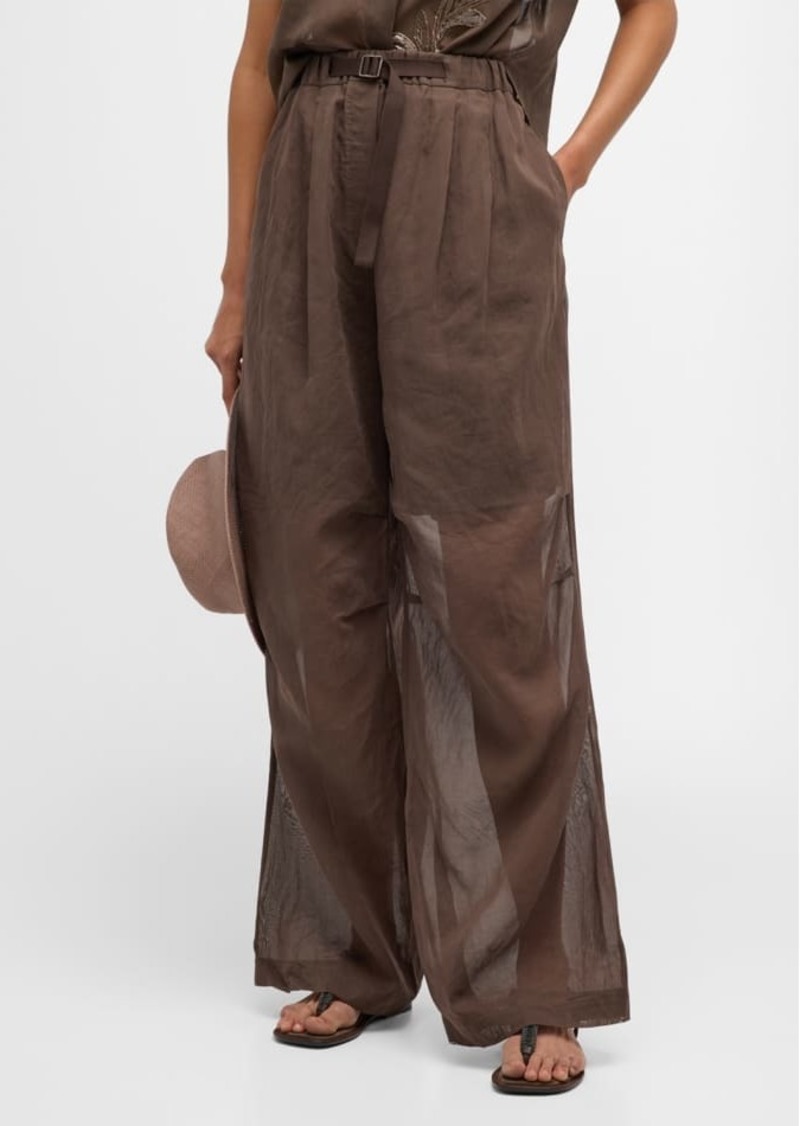 Brunello Cucinelli Belted Double-Pleated Cotton-Gauze Pants With Lining
