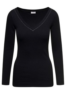 Brunello Cucinelli Black V-Neck Pullover with Beads Detailing in Stretch Cotton Woman