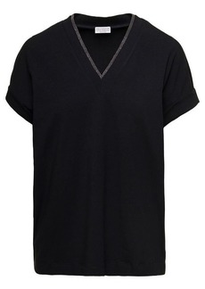 Black V-Neck T-Shirt with  Monile Detail in Stretch Cotton Woman Brunello Cucinelli